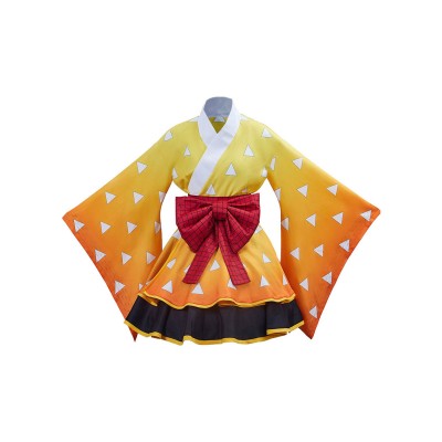 Demon Slayer: Kimetsu no Yaiba Agatsuma Zenitsu Orange Kimono Maid Dress Costumi Cosplay Carnevale