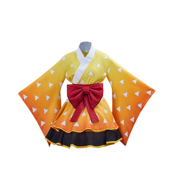 Demon Slayer: Kimetsu no Yaiba Agatsuma Zenitsu Orange Kimono Maid Dress Costumi Cosplay Carnevale