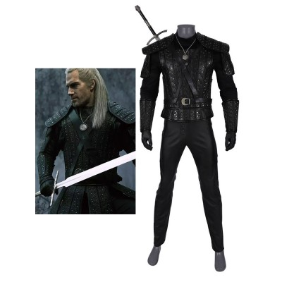 The Witcher Cosplay Geralt of Rivia Completo in pelle nera con set completo di costumi Halloween