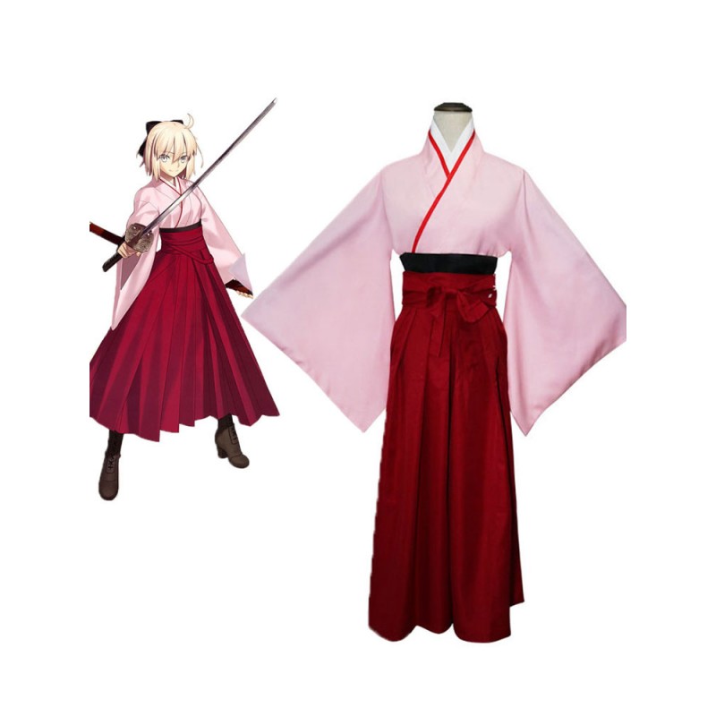 Fate Grand Order Sakura Saber Okita Souji Pink Kimono Costumi Cosplay Carnevale Halloween