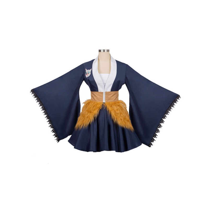 Demon Slayer: Kimetsu no Yaiba Hashibira Inosuke blu scuro Kimono Maid Dress Costumi Cosplay Carnevale