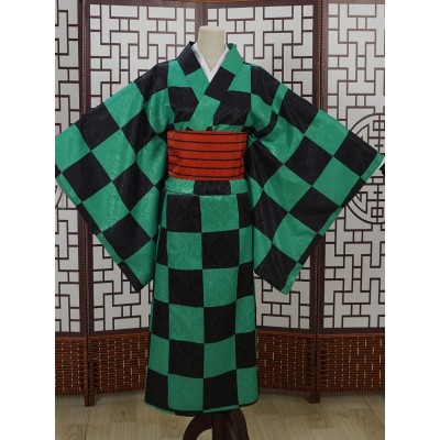 DEMON SLAYER KIMETSU NO YAIBA KAMADO TANJIRO Green Plaid Pattern Kimono Costume Costumi Cosplay Halloween