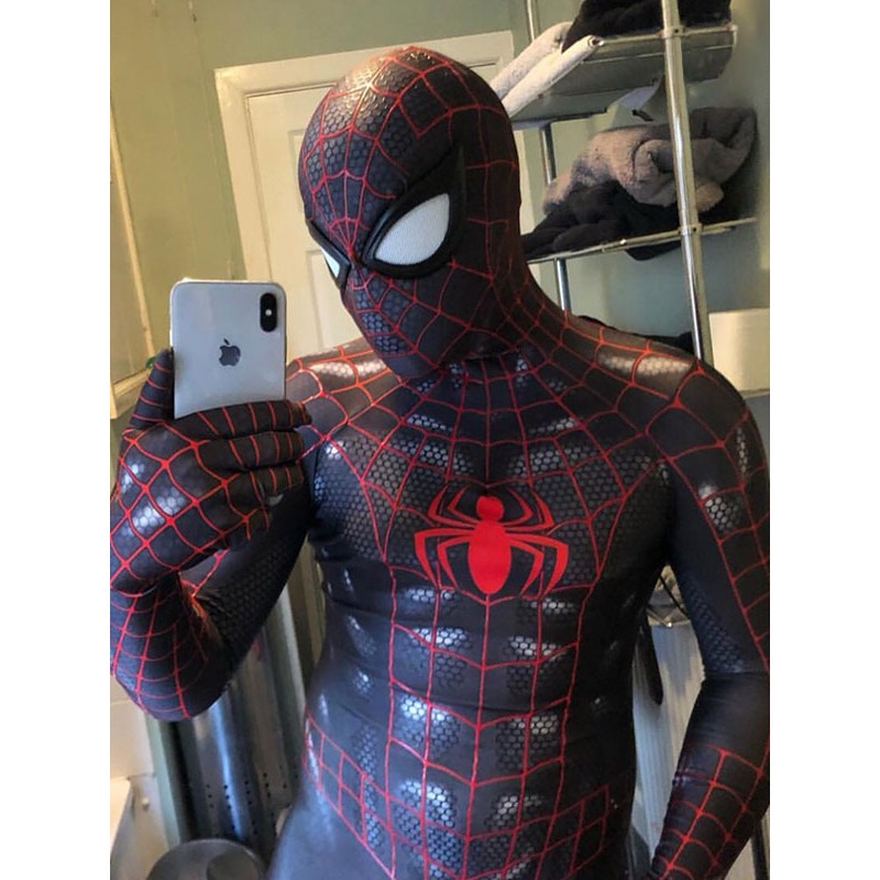 Spider Man Cosplay SpiderMan nero con tuta cosplay linea rossa Carnevale Halloween