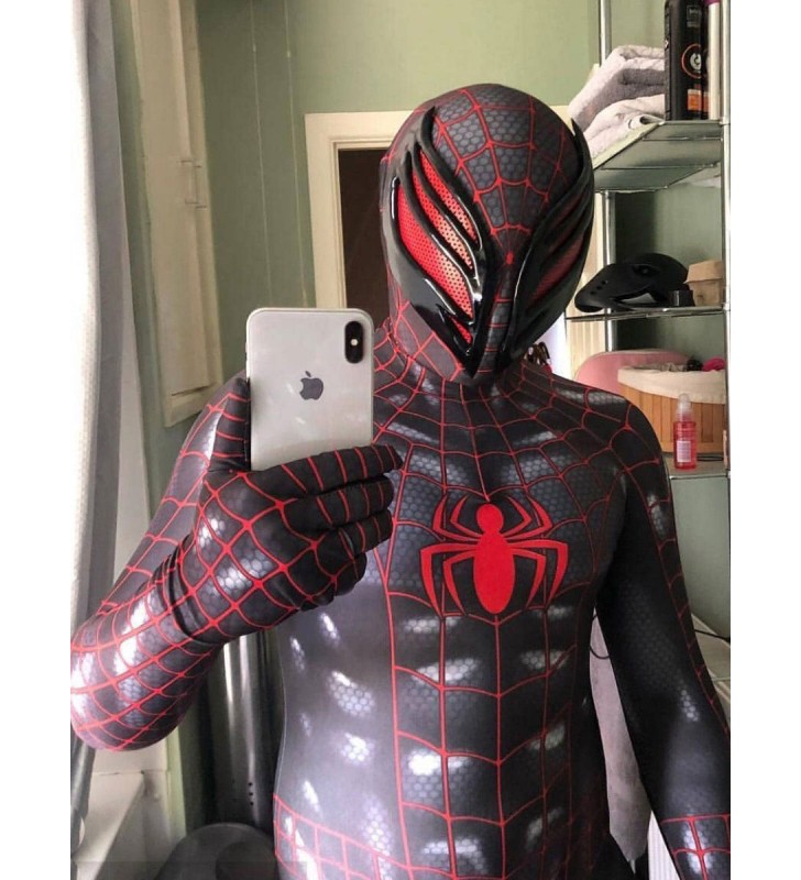 Spider Man Cosplay SpiderMan NERO con tuta cosplay Red Line e maschera per occhi composti Carnevale Halloween