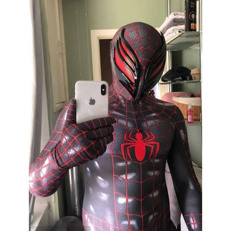 Spider Man Cosplay SpiderMan NERO con tuta cosplay Red Line e maschera per occhi composti Carnevale Halloween